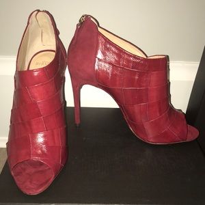 Alexander Birman red petal eelskin peeptoe booties